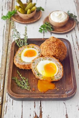  Scotch Egg com Molho Picante: Uma explosão de sabor crocante que te leva diretamente para o paraíso da gastronomia britânica!